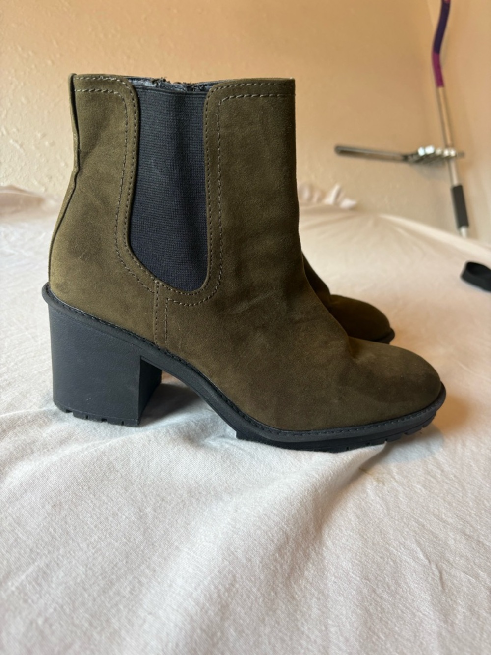 SM New York Olive Suede Block Heel Chelsea Booties